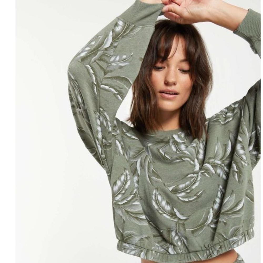 Z Supply XS Green Mason Palm Leaf Crop Pullover Soft Terry Knit‎ Sweatshirt Top